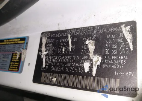 2009 Hyundai Santa Fe Se z USA, uszkodzony, nr VIN 5NMSH13E79H331153